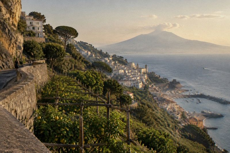 Amalfi Coast road curving along cliffs above the sea with terraced lemon groves and a tiny cove below
