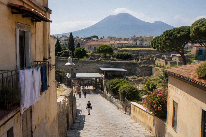 Ercolano modern town street leading toward the Herculaneum excavation with Vesuvius rising behind rooftops