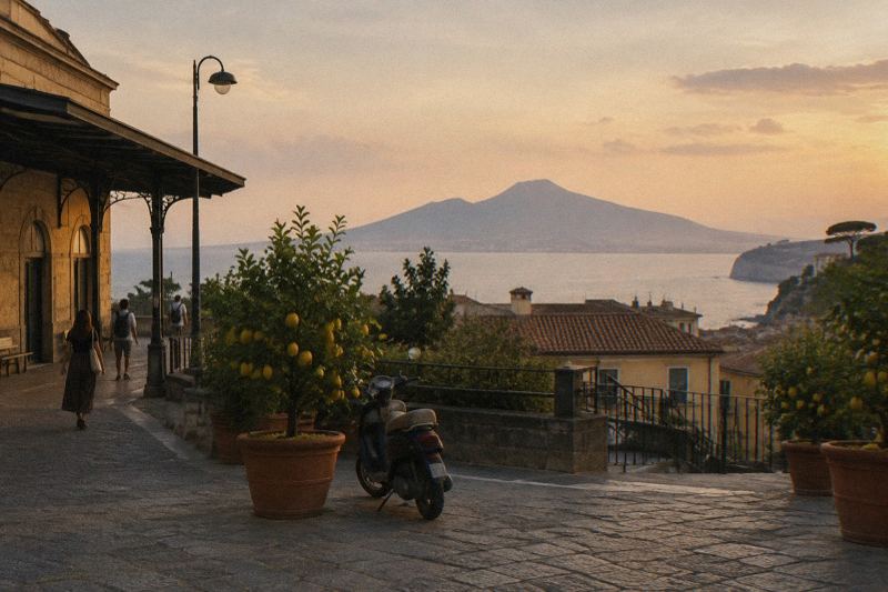 Sorrento clifftop old town and harbour on the Sorrentine coast with Vesuvius faint across the bay