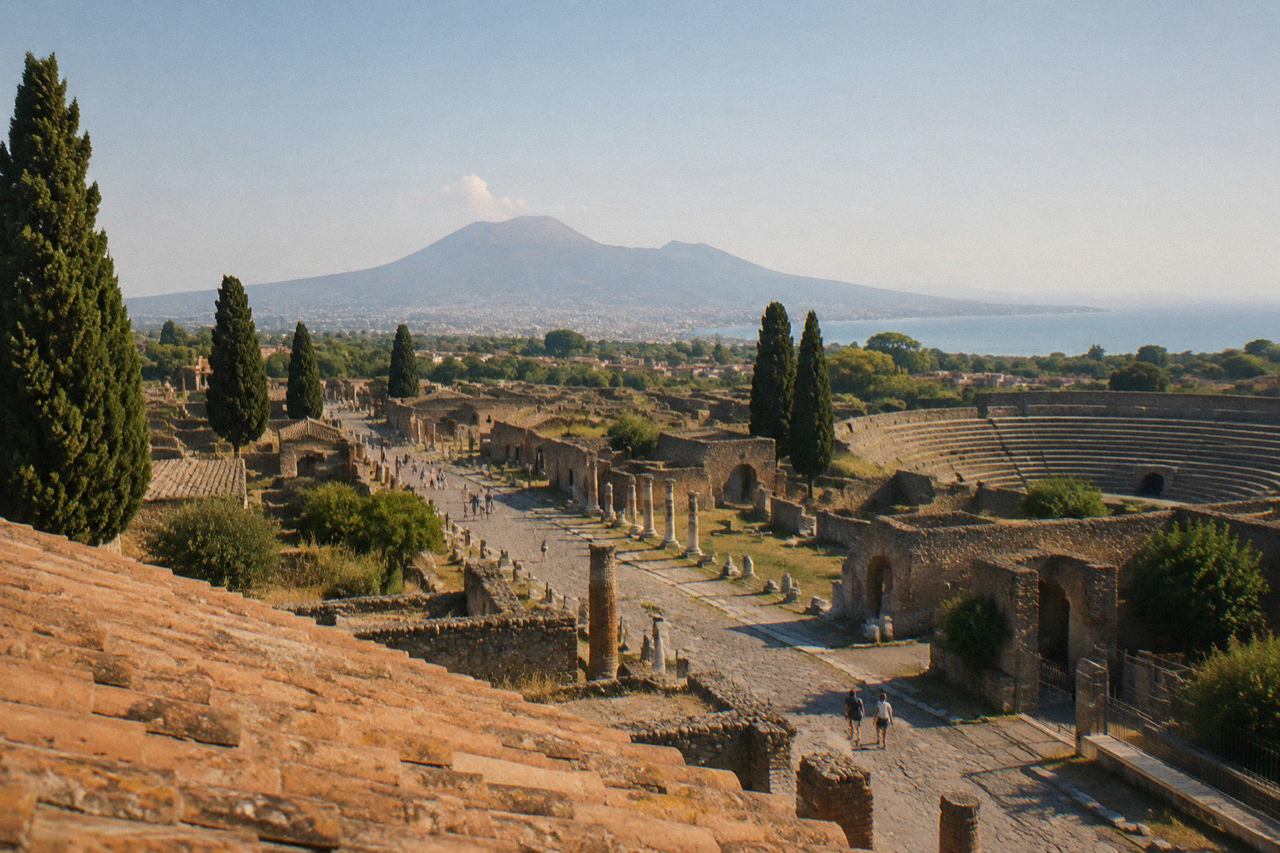 Wide view across Pompeii ruins with Vesuvius cone on the horizon and distant Bay of Naples haze