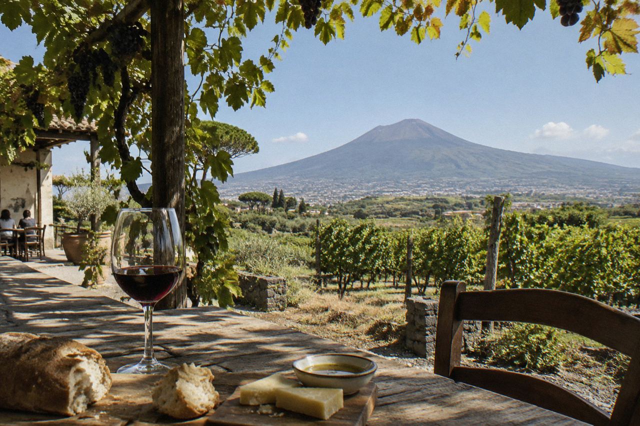 Rustic table with local bread, cheese and wine on a terrace on the slopes of Vesuvius overlooking the bay