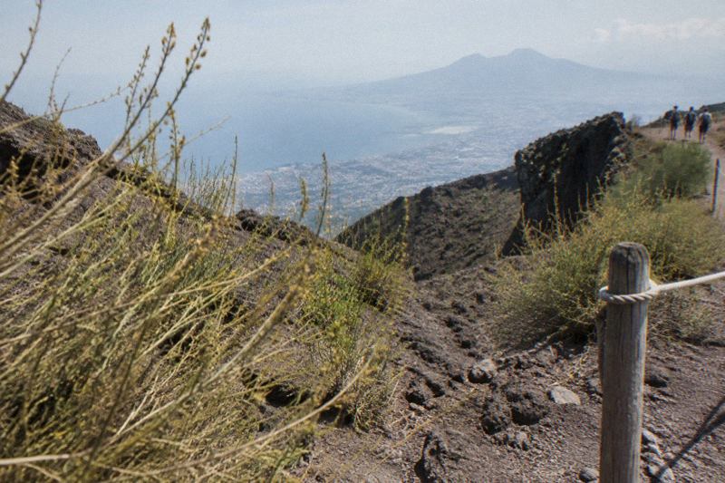 Hazy August sky over the Bay of Naples seen from the Vesuvius trail, dry slopes and pale light