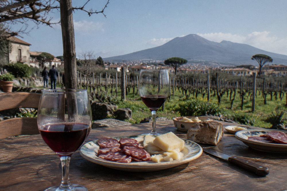 Plates of food and glasses of red wine arranged on a rustic wooden table at a Vesuvius vineyard