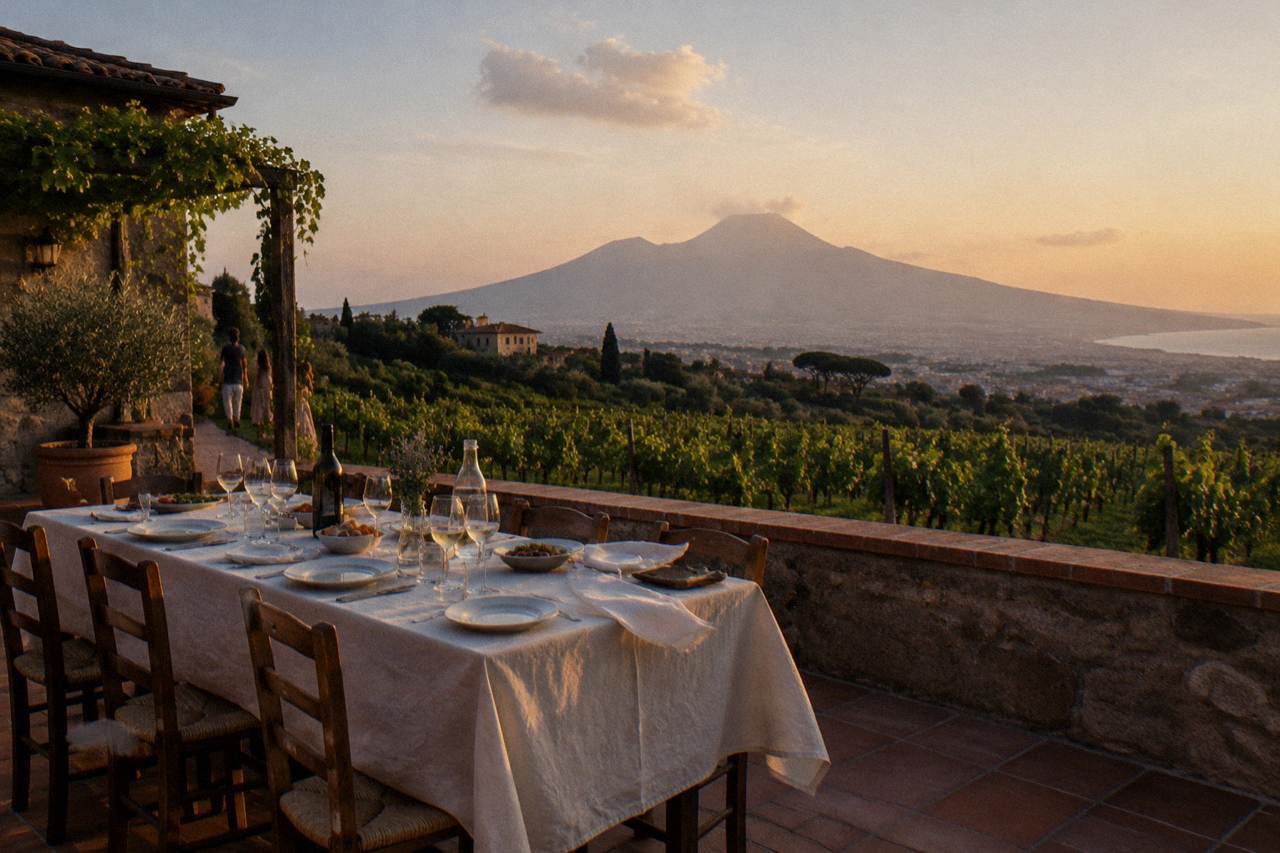 Long table set for lunch on a terrace overlooking vineyards on the slopes of Vesuvius