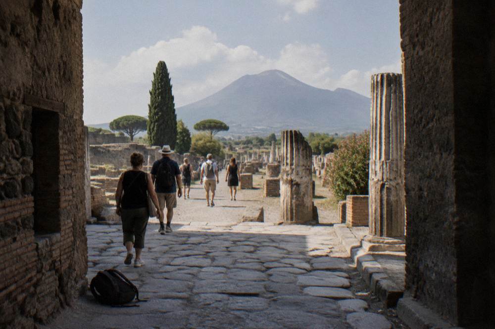 Small group of visitors walking with a guide beside ancient stone columns and ruined walls