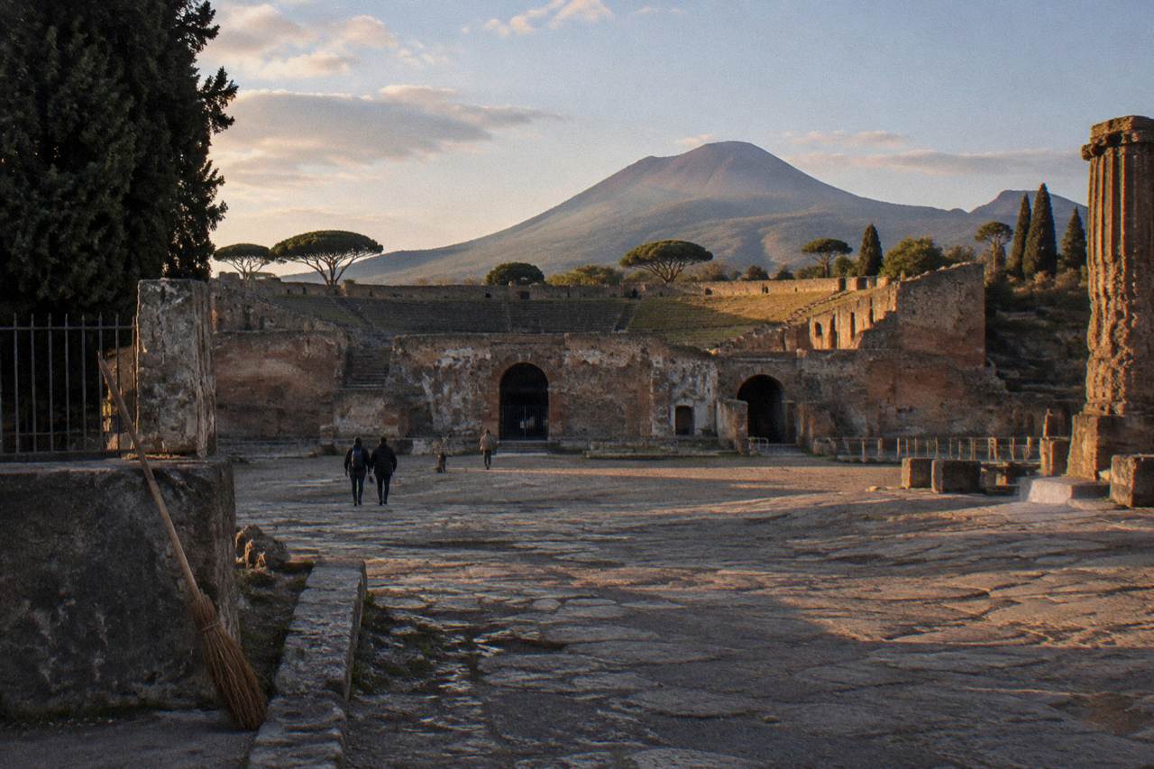 Ancient stone street in the excavated ruins under a calm sky with distant hills