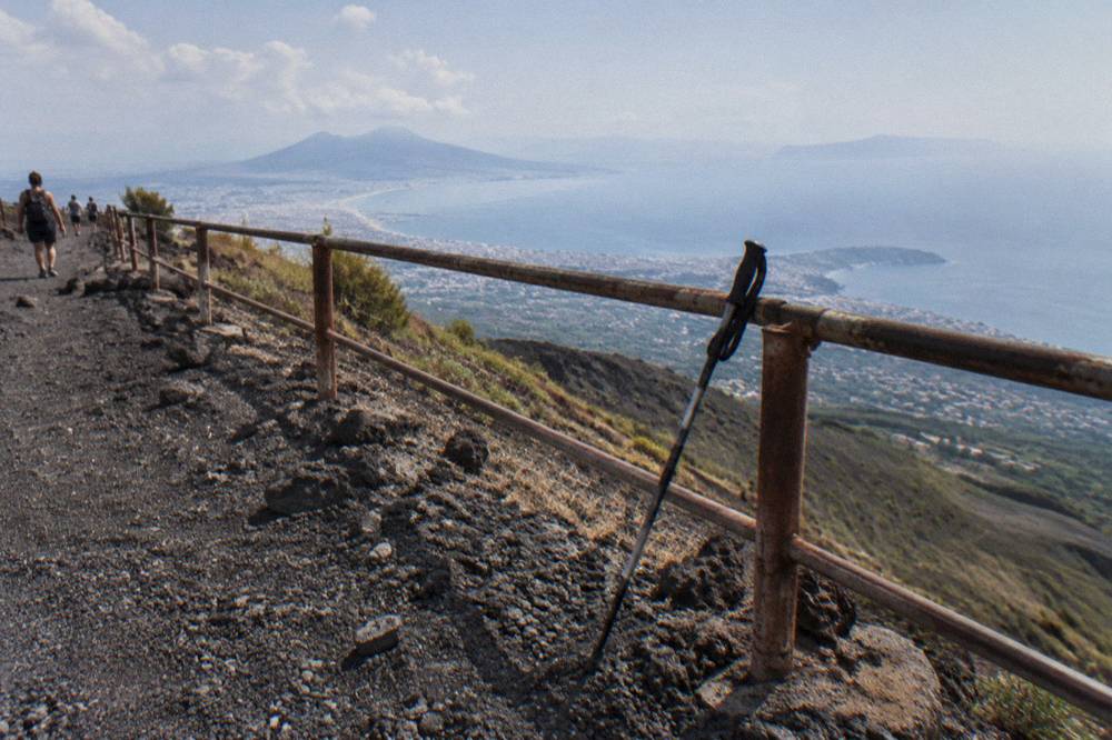 A view from the crater rim across the Bay of Naples toward the Sorrento peninsula