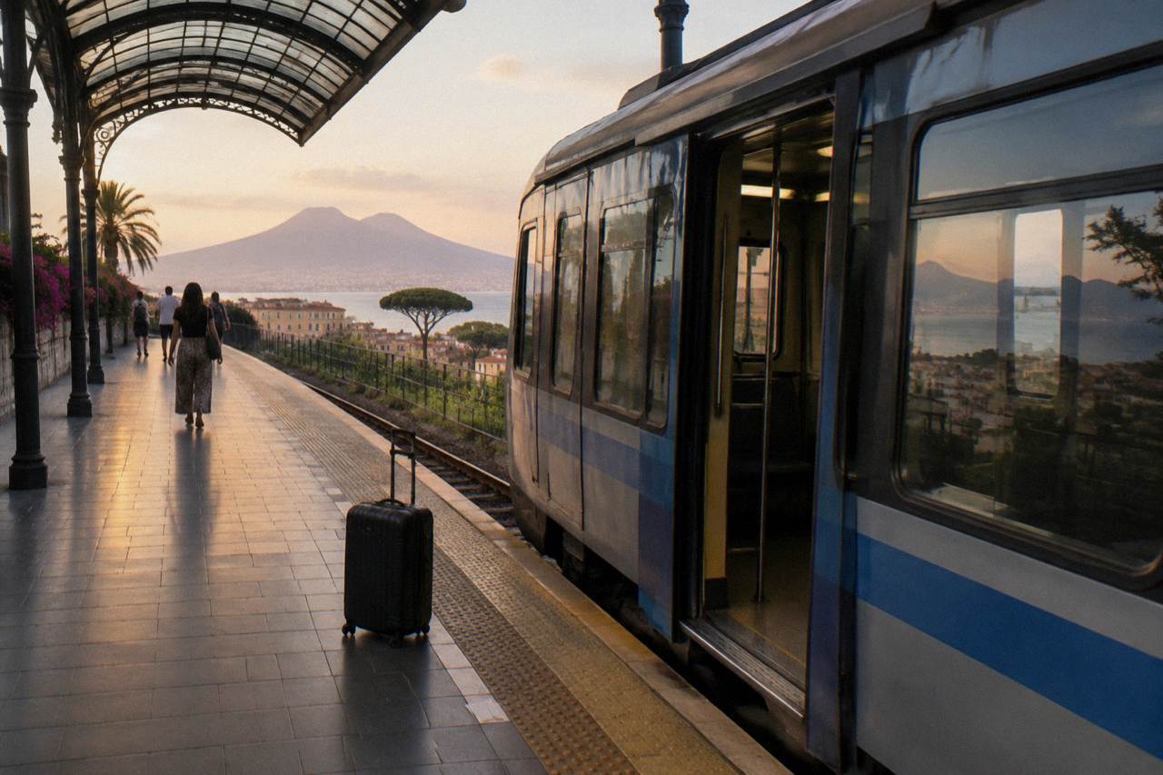 A narrow-gauge commuter train at a small station platform on the Naples to Sorrento line