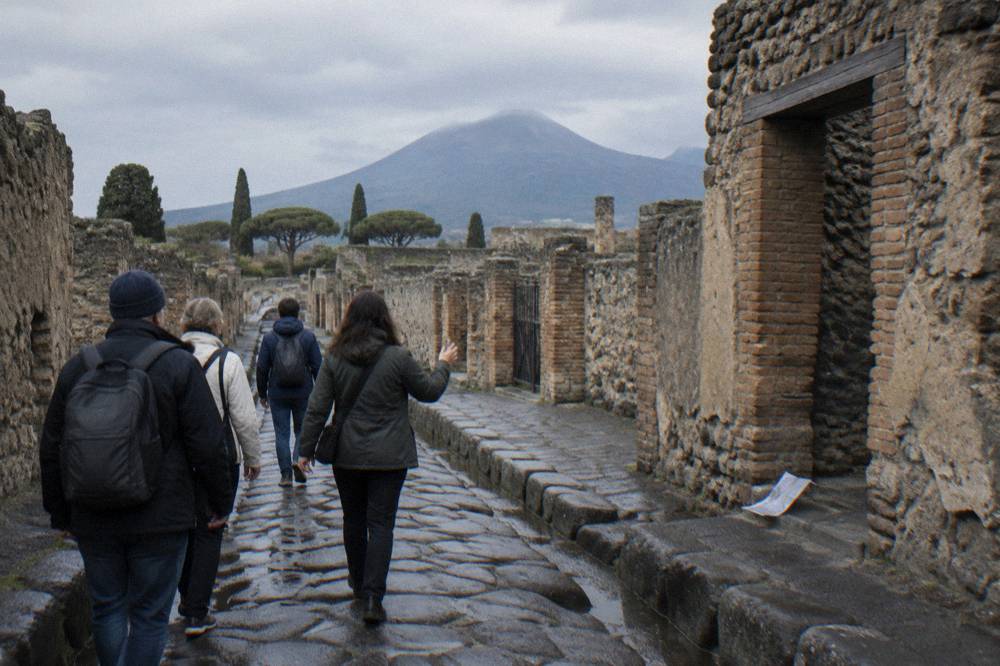 Tour group walking along an ancient stone street in Pompeii with a guide