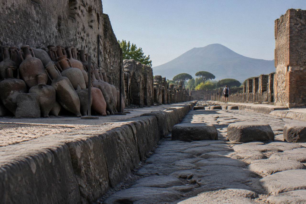 Stone street in Pompeii with worn stepping stones and ancient walls under a clear sky