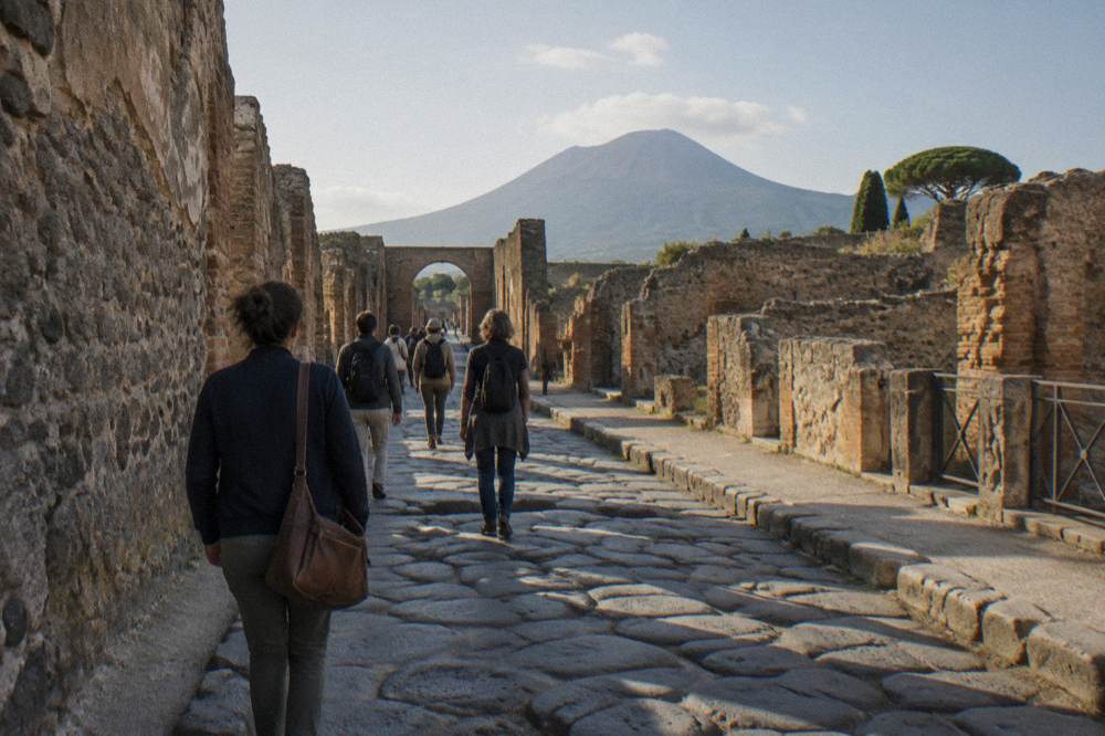 Tour group walking a stone-paved street between ancient Pompeii buildings in warm afternoon light