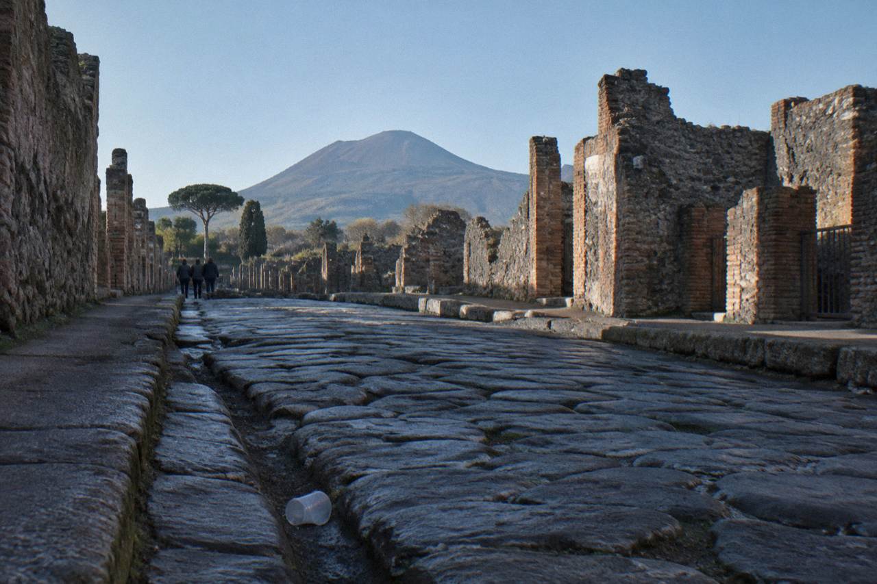 Ancient stone street in the Pompeii ruins with Mount Vesuvius rising in the background under a clear sky