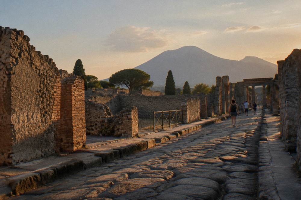 An ancient stone street with volcanic mountain rising in the distance beyond the ruins