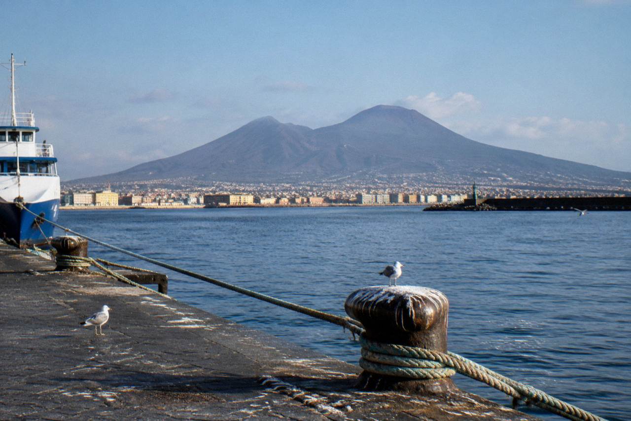 View across the Bay of Naples toward the Vesuvius crater on a clear morning