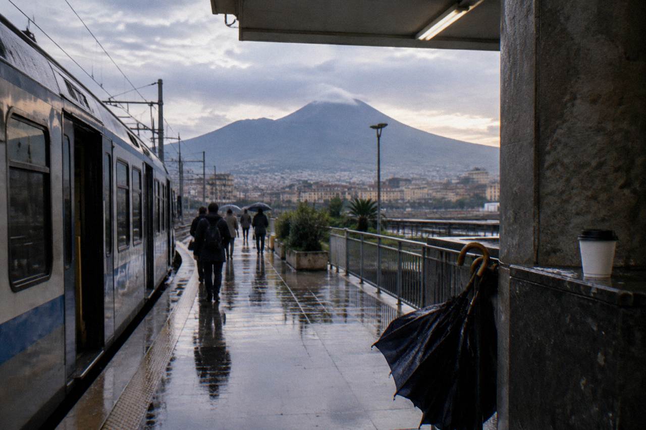 The Circumvesuviana railway platform at a Naples station with a train waiting by the track