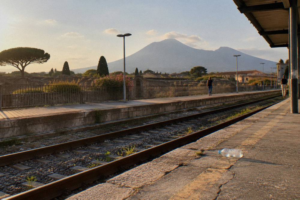 A quiet stone street in Pompeii with worn wheel ruts and plastered walls in warm afternoon light