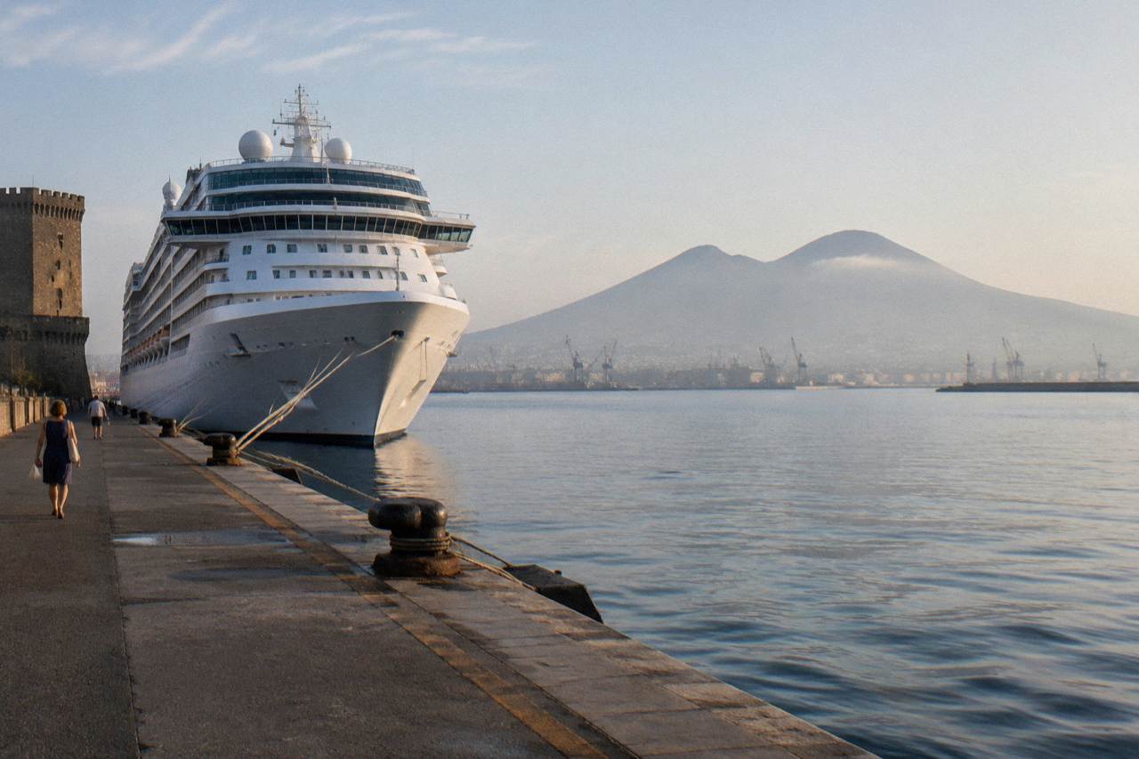 Cruise ship docked at the Naples waterfront with Mount Vesuvius rising across the bay under a clear sky