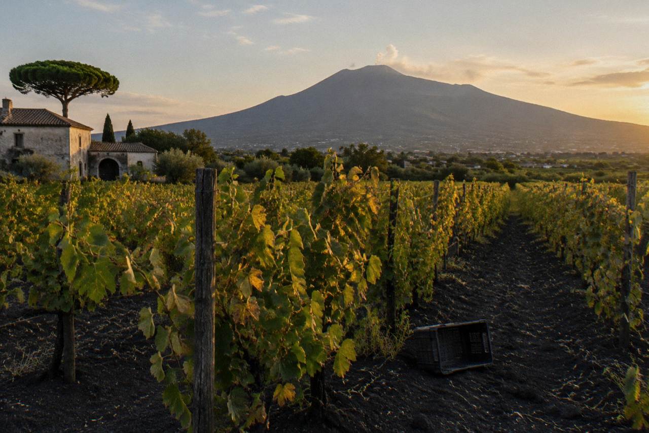 Rows of grapevines on a volcanic slope with a smoking fumarole ridge above