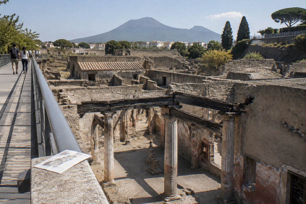 Stone structures and columns of an ancient buried town under an open sky