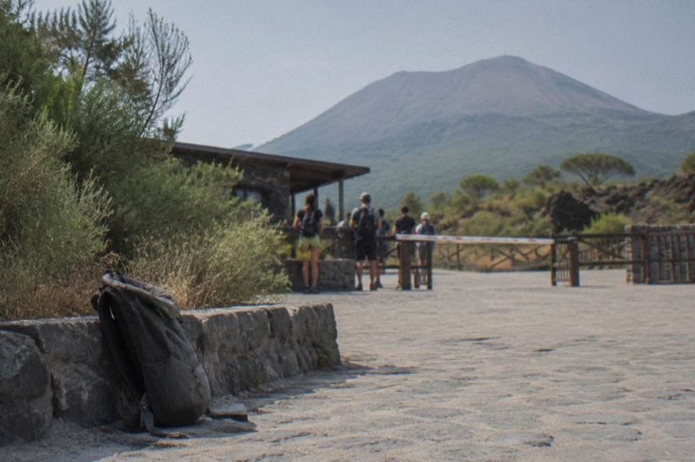 A timed entry ticket gate at the Vesuvius trailhead plaza