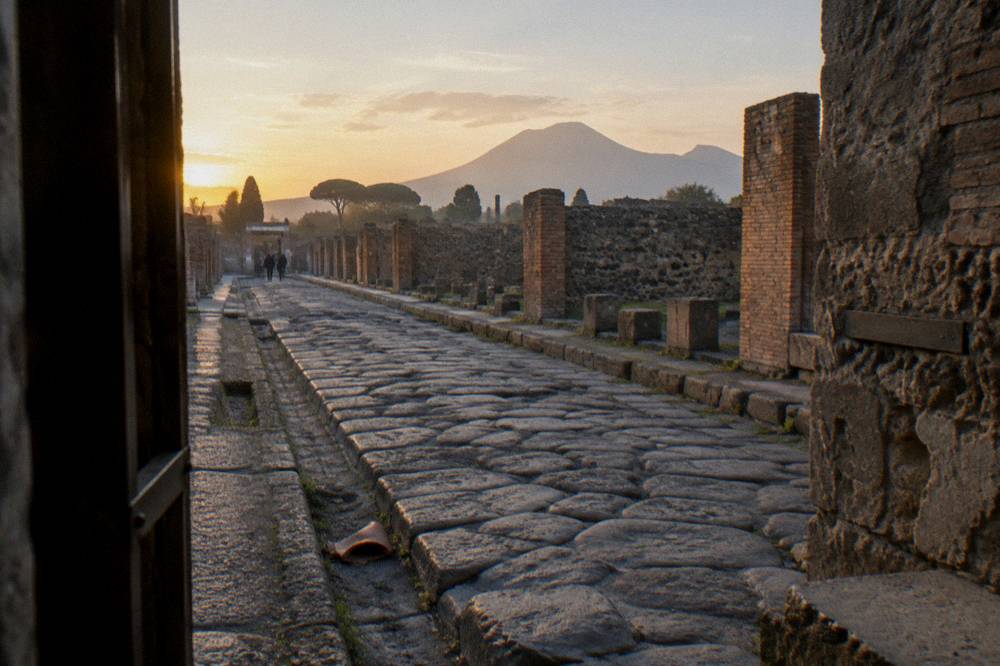 The stone streets and ruined walls of Pompeii under morning light