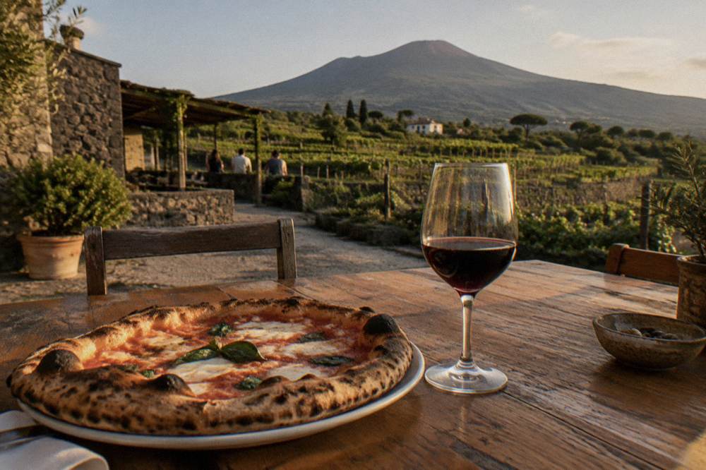 A wood-fired pizza and a glass of red wine on a rustic table overlooking vineyards
