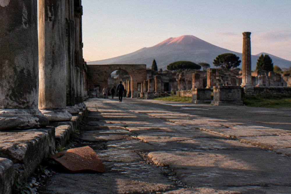 Morning light over the excavated Pompeii forum with long shadows across ancient stone