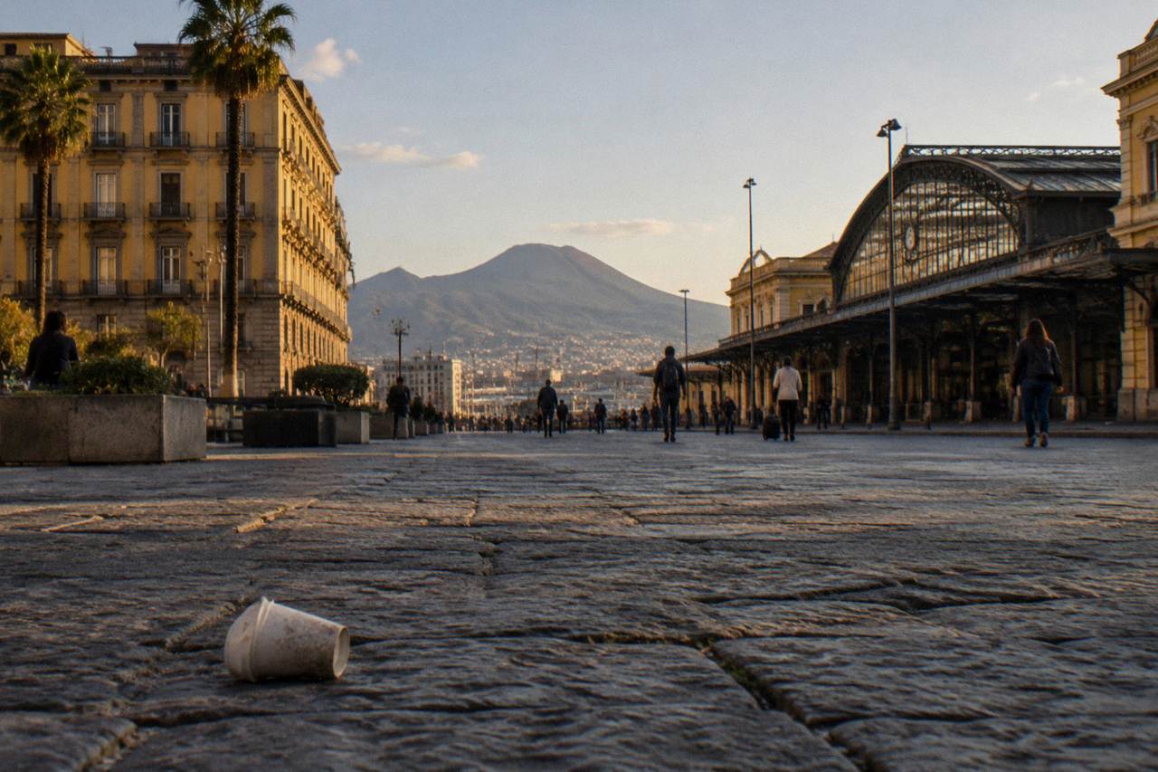 A narrow street in Naples old town with layered stone buildings under afternoon light