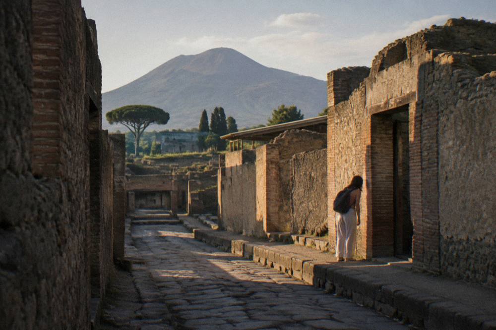 Ancient stone street in Herculaneum with preserved walls under open sky