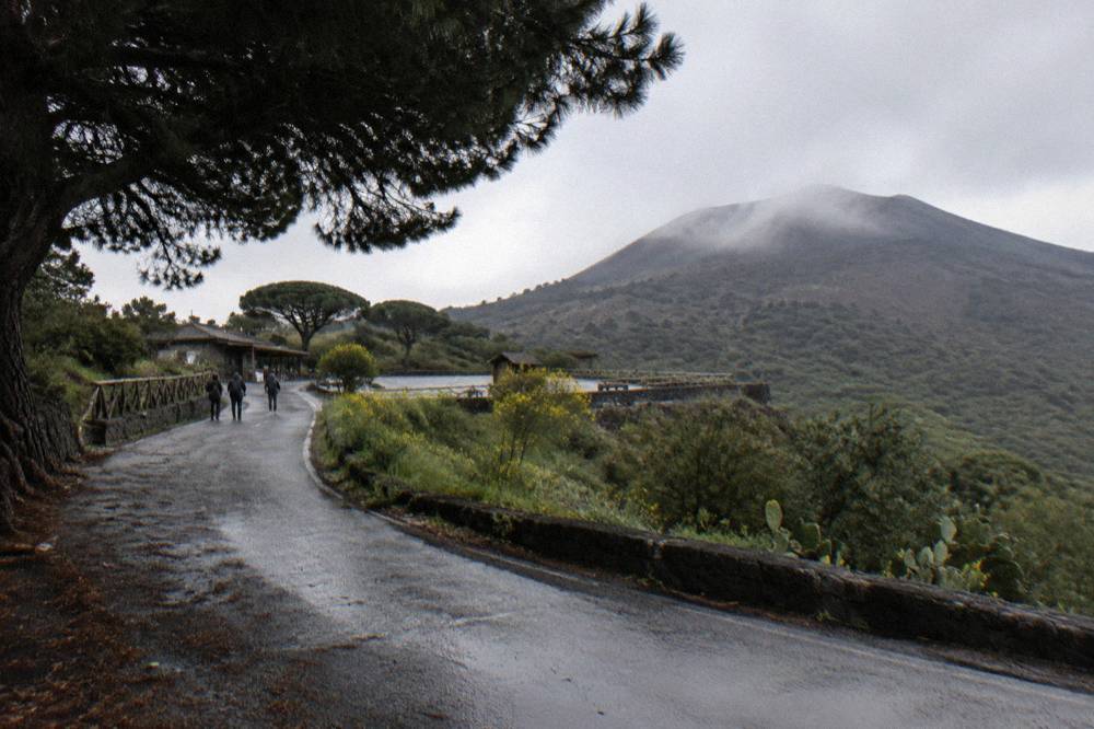 Winding road climbing the green slope of Vesuvius toward the crater trailhead