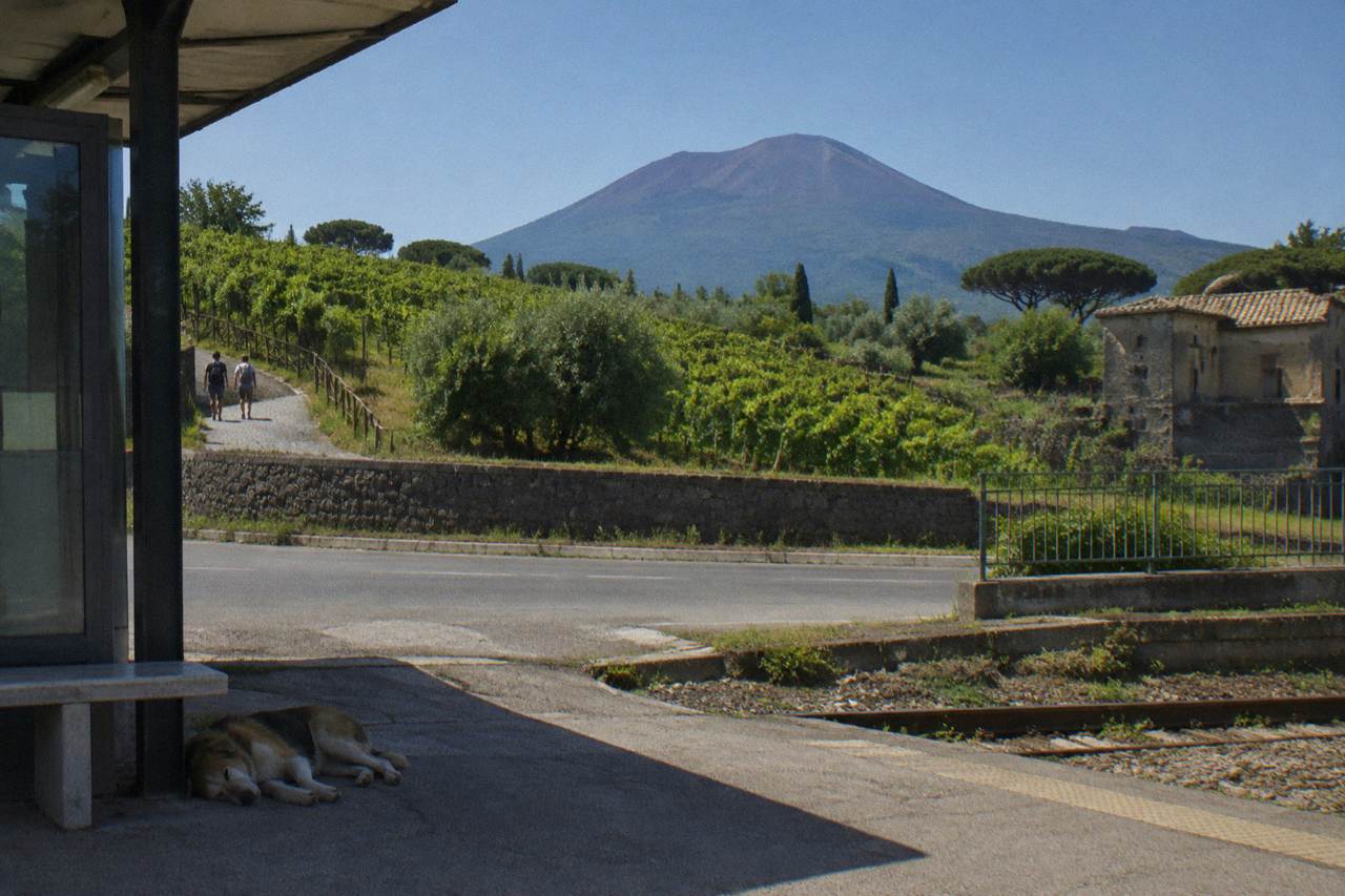 Country road winding up through green slopes toward the cone of Mount Vesuvius under a clear sky