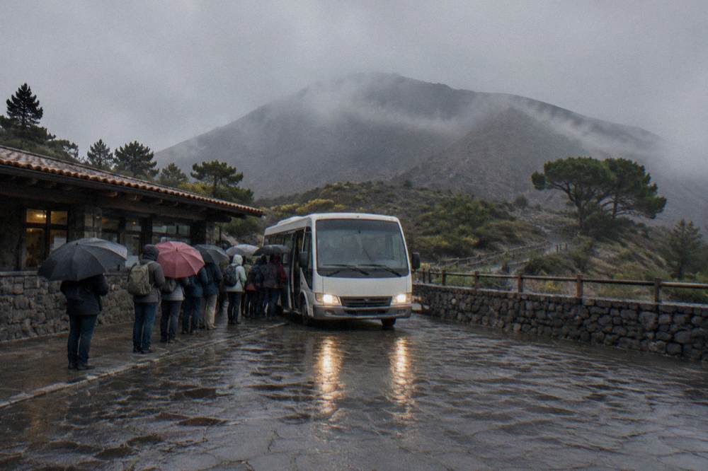 The access road and shuttle stop at the Quota 1000 plaza below the crater trail