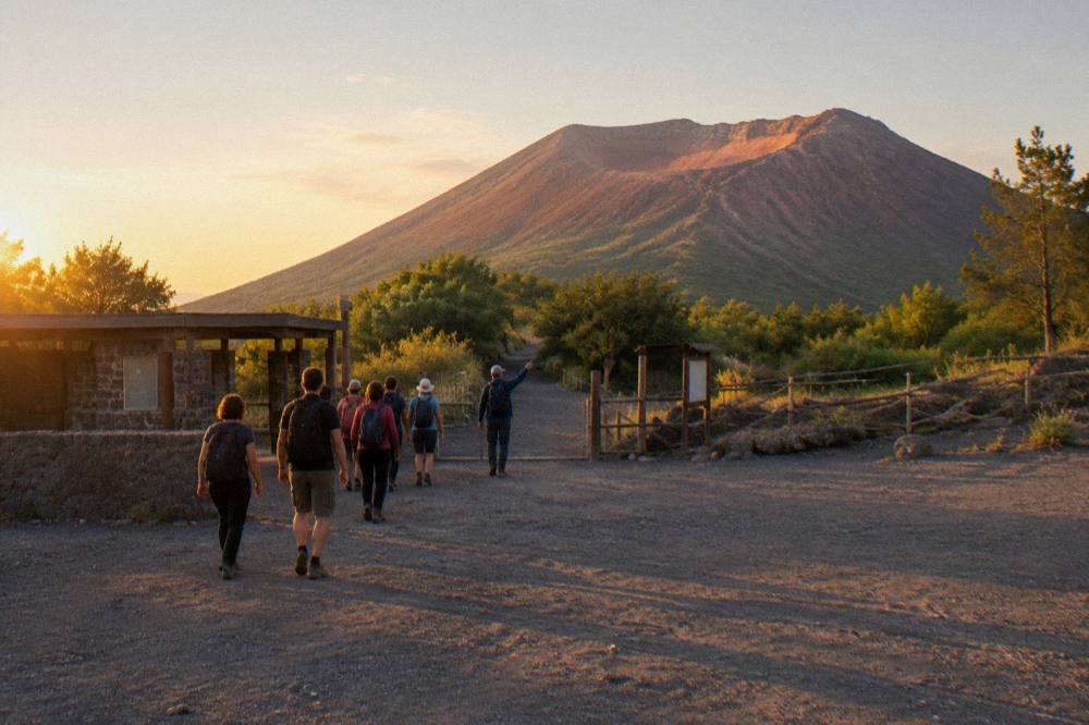 A guided group walking the crater path below the ash slopes of Vesuvius