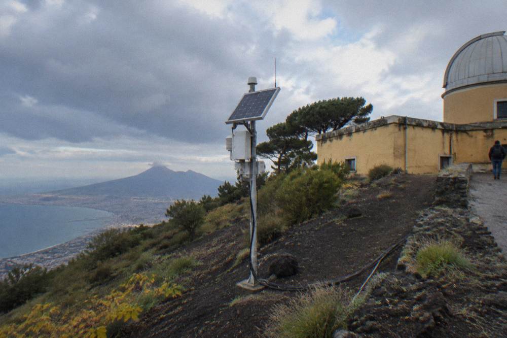 Monitoring instruments and a small scientific station on the upper slopes of Vesuvius