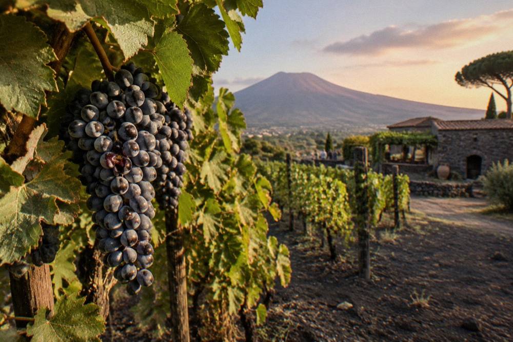 Clusters of ripe dark grapes on vines at a Vesuvius winery