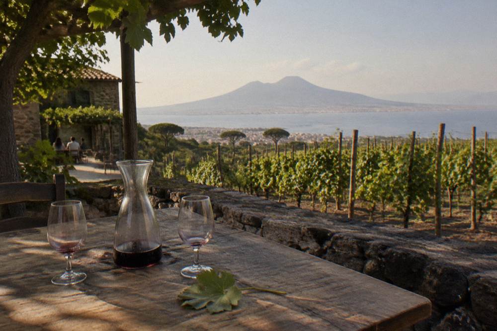 A covered tasting table set beside vineyard rows with a view toward the Bay of Naples