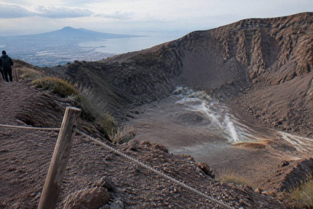 The crater interior and fumaroles seen from the trail turnaround on the rim