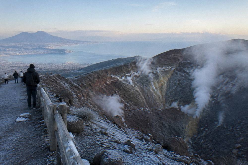 The crater rim viewpoint with steam rising from fumaroles inside the Vesuvius crater