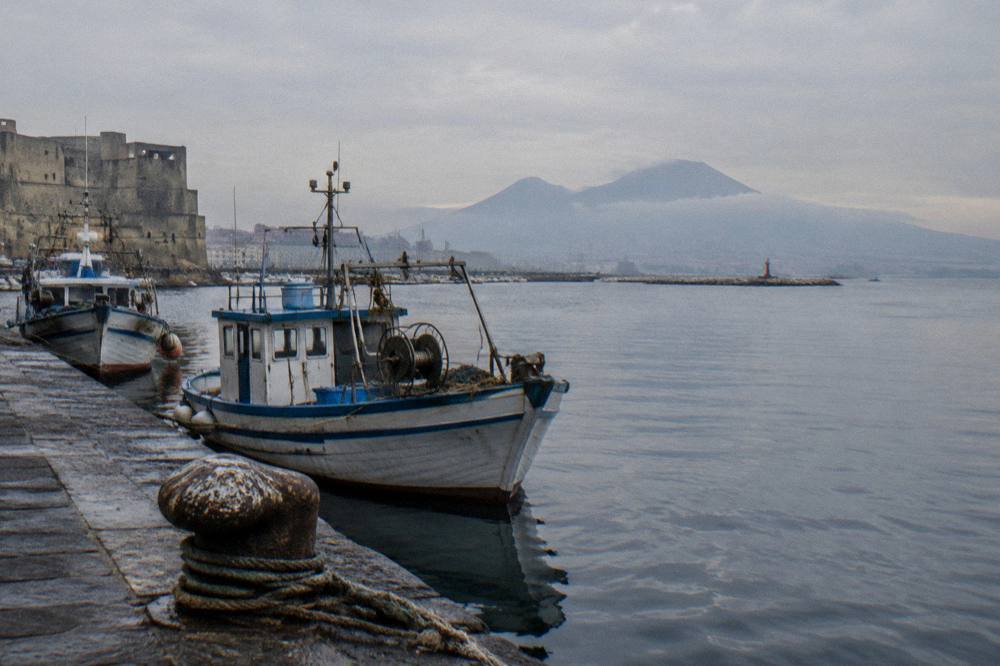 Coastal view across the Bay of Naples toward Vesuvius from a cruise ship port area