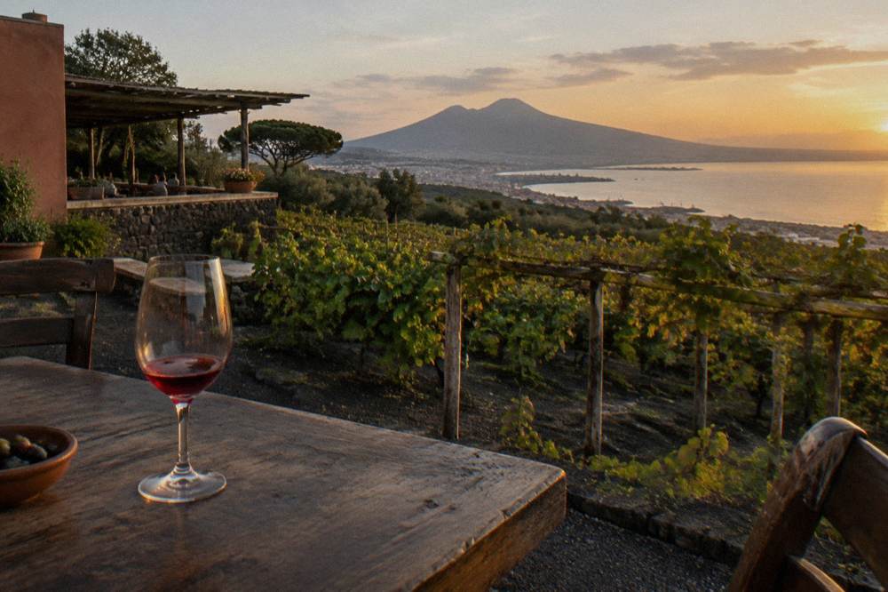 Vineyard rows on the lower Vesuvius slopes with the bay in evening light