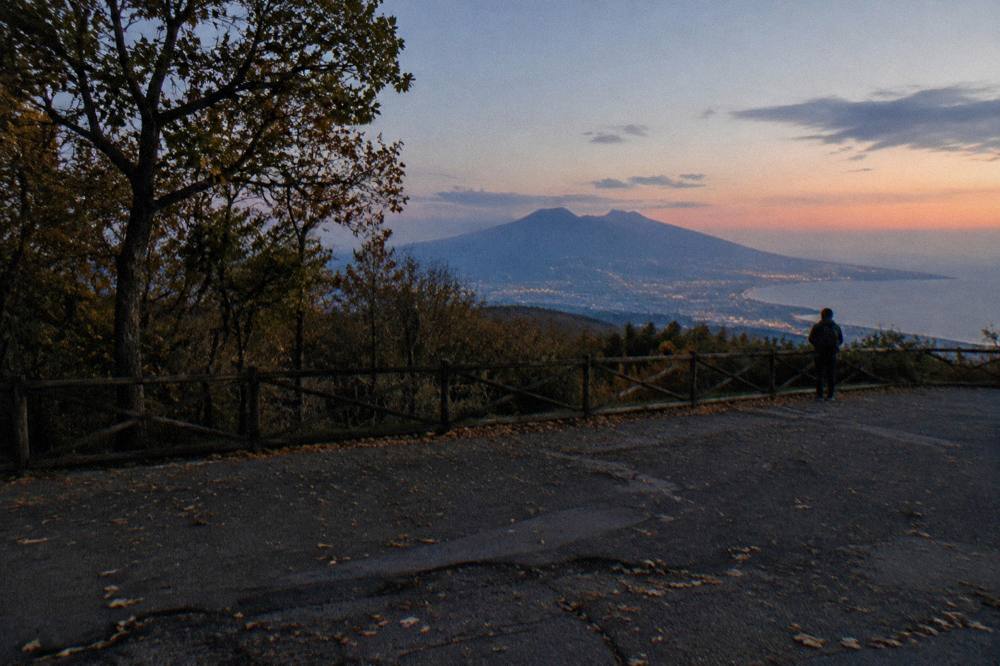 Dusk settling over the Vesuvius National Park woodland with distant lights of bay towns