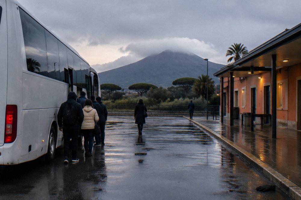 The forecourt of a Pompeii railway station with a tour bus boarding passengers