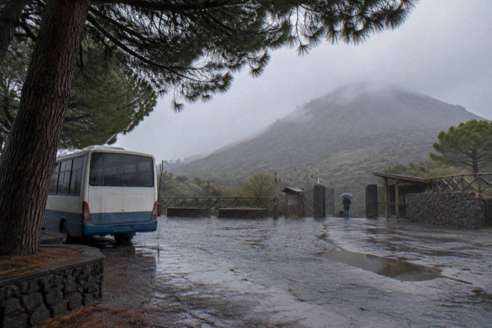 Bus parked at the Quota 1000 plaza at the foot of the Mount Vesuvius crater trail