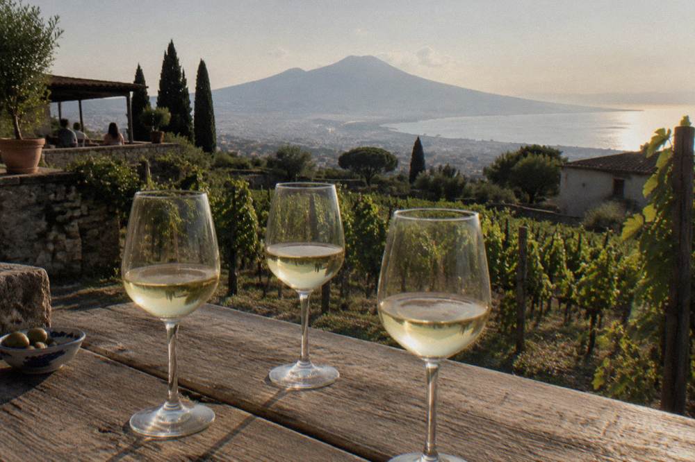 Glasses of white wine on a wooden table with a view of vineyard rows descending toward the Bay of Naples