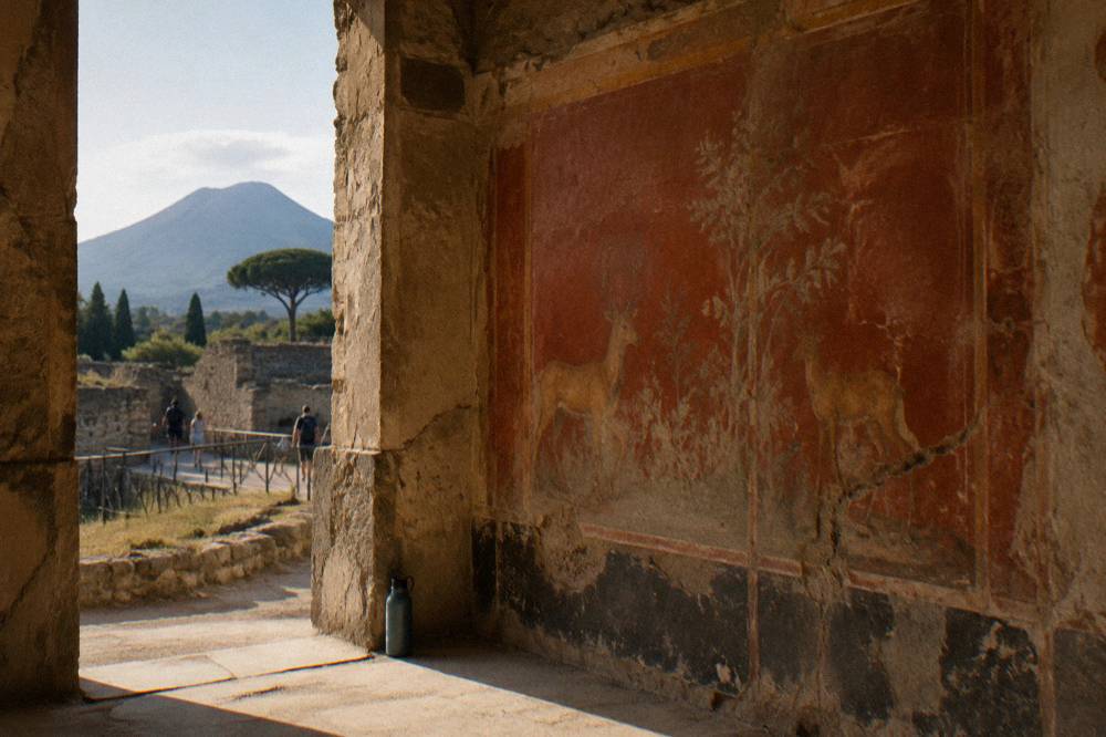Frescoed wall inside a preserved Roman ruin building