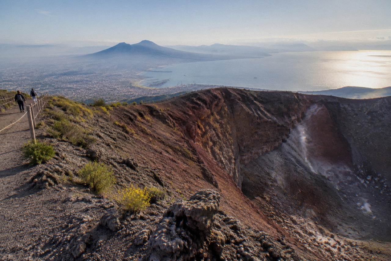 The crater rim of Vesuvius above the Bay of Naples on a clear morning