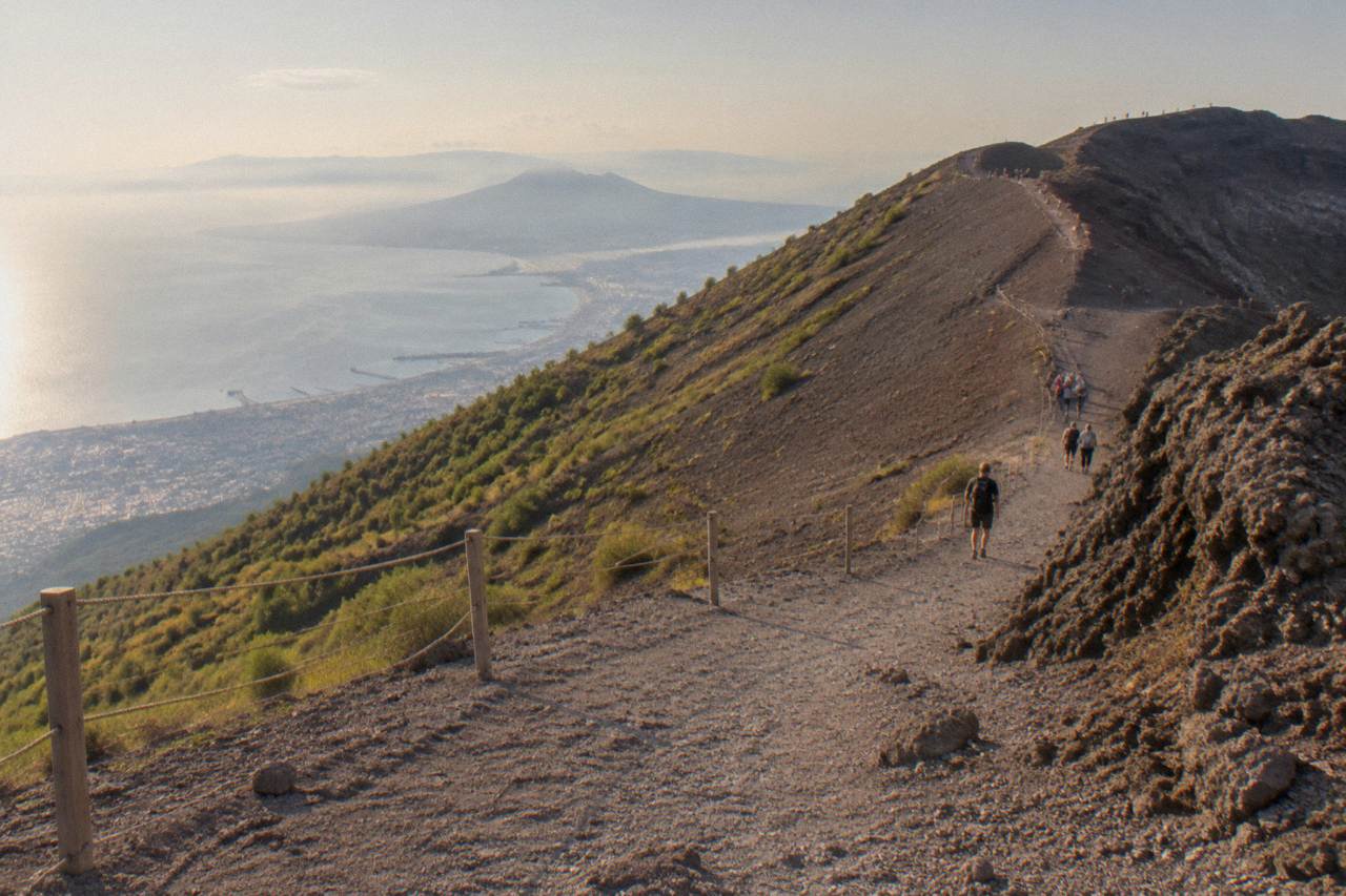 Path winding up the ash slopes of Mount Vesuvius toward the crater rim