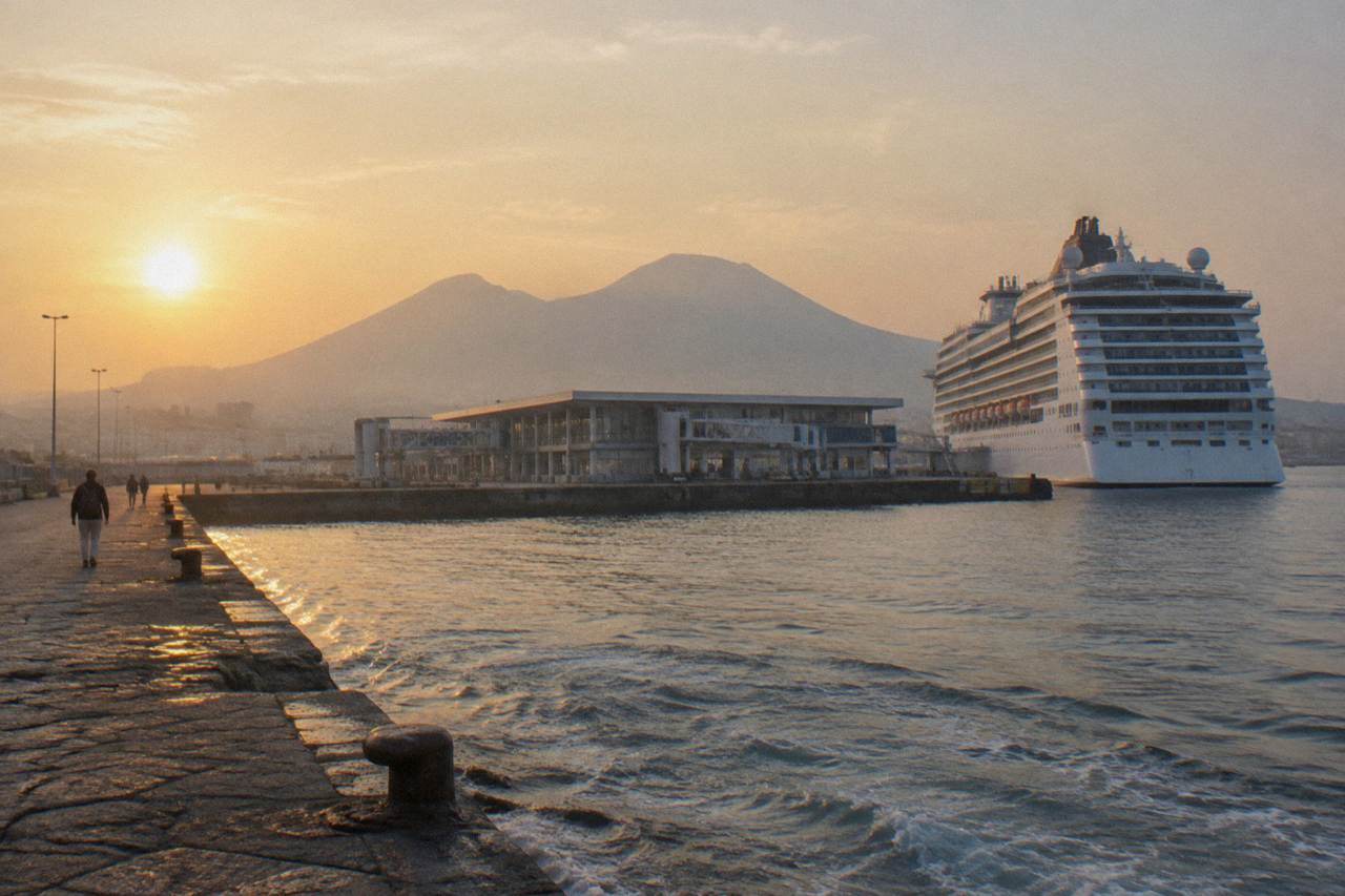 Cruise ship docked at the Naples waterfront with Mount Vesuvius rising in the background