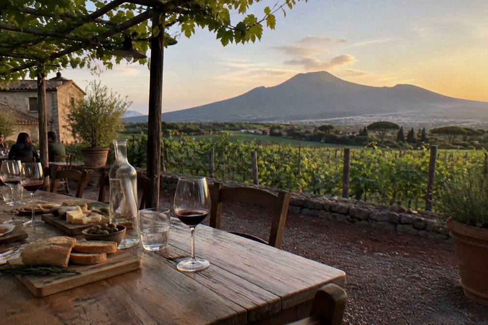 A long table set for lunch at a winery on the green slopes of Vesuvius