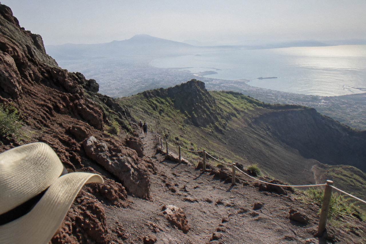 Rocky crater path on Mount Vesuvius under an open sky
